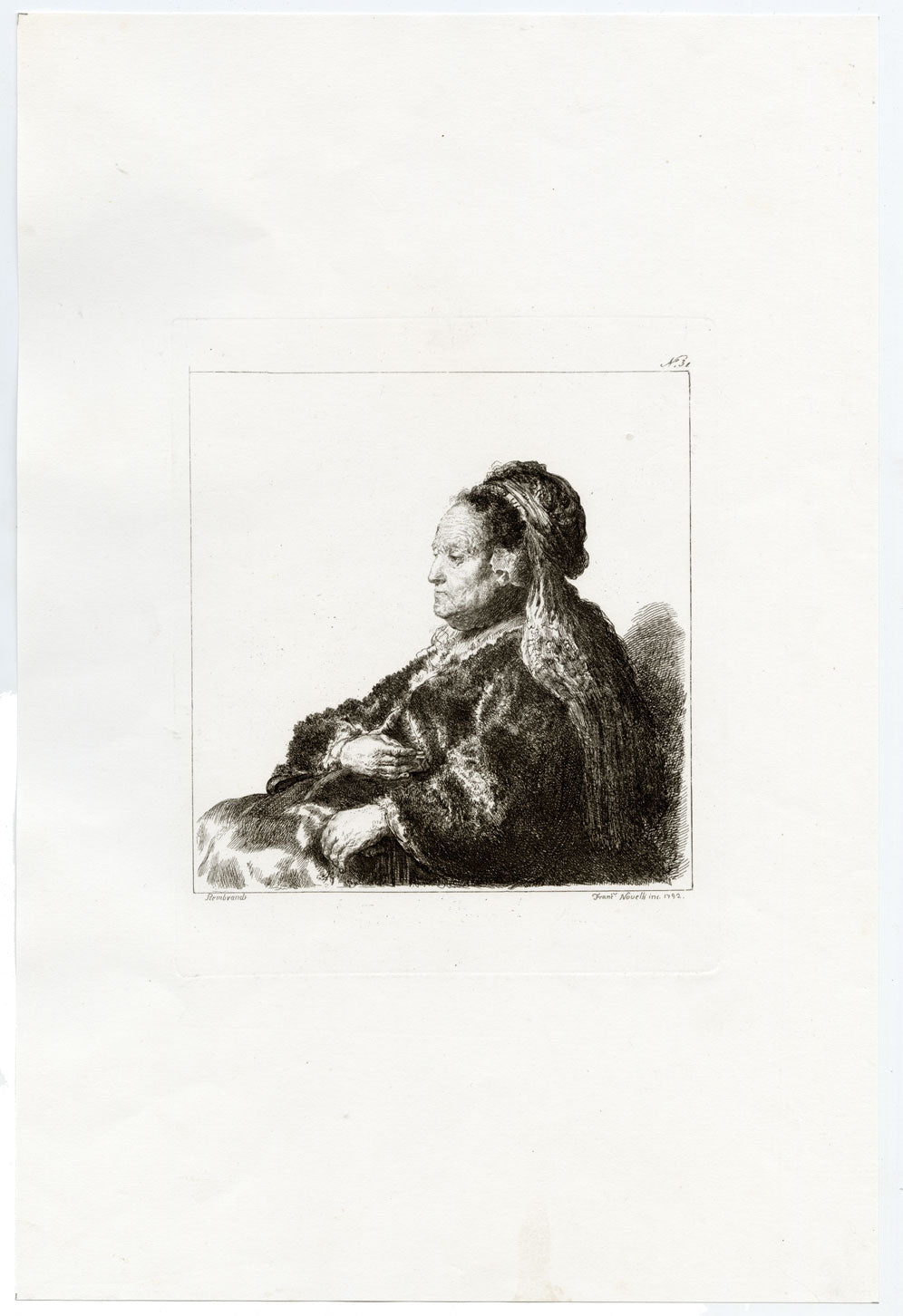 Francesco Novelli after Rembrandt, The Artist's Mother – 1860 etching print