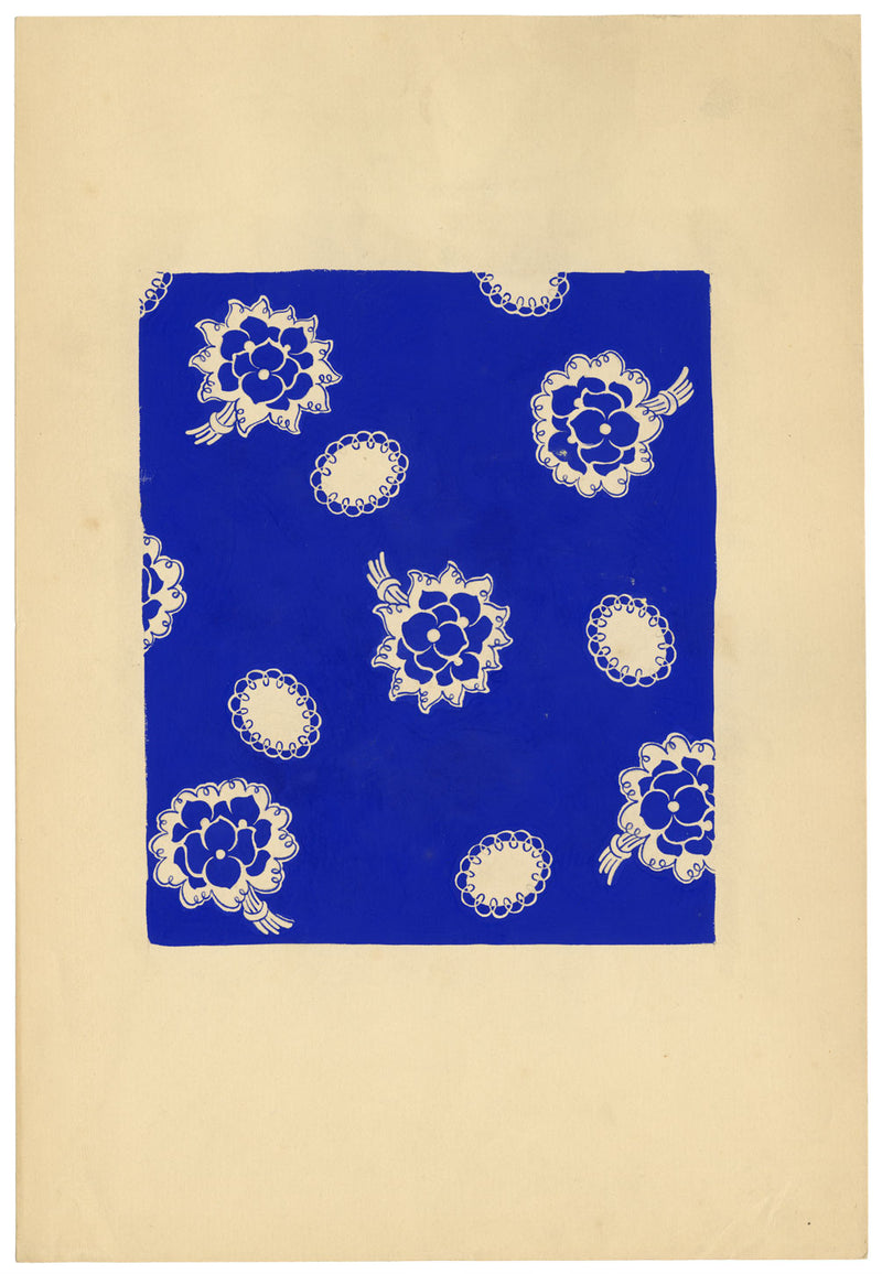 Textile Design, Atelier Testemale Paris: Royal Blue Flower Posy –c1960s painting