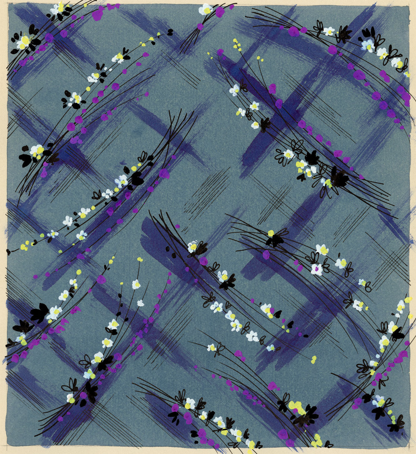 Textile Design, Atelier Testemale Paris: Ditsy Flower Check – c.1960s painting
