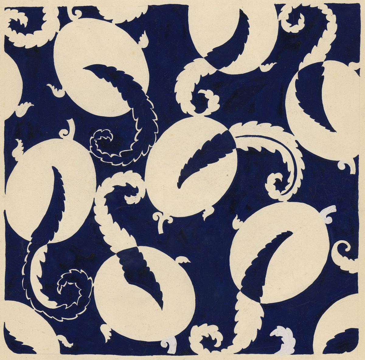 Textile Design, Atelier Testemale Paris: Blue Scrolling Acanthus–c1960s painting