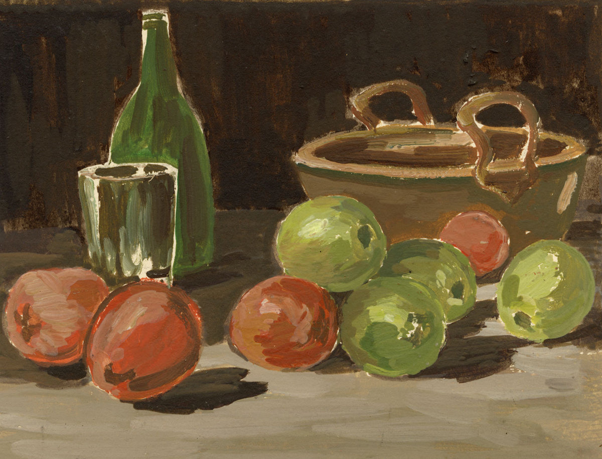 Muriel Inwood, Still Life with Apples, Bottle & Glass – mid-C20th watercolour