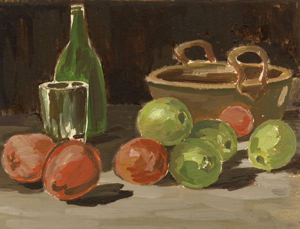 Muriel Inwood, Still Life with Apples, Bottle & Glass – mid-C20th watercolour