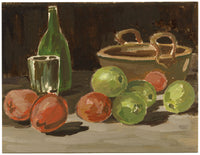 Muriel Inwood, Natura morta con mele, bottiglia e bicchiere – acquerello metà del XX secolo