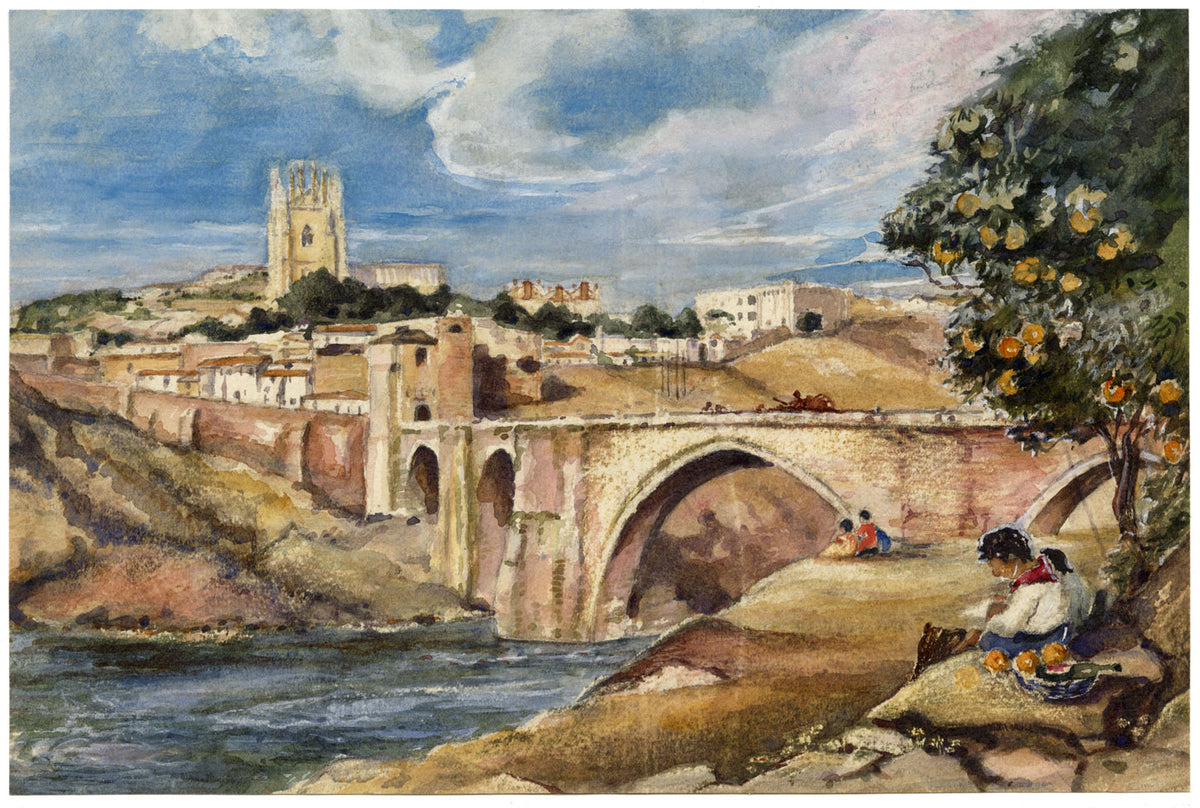 Muriel Inwood, Toledo attraverso il ponte di San Martín, Spagna – acquerello della metà del XX secolo