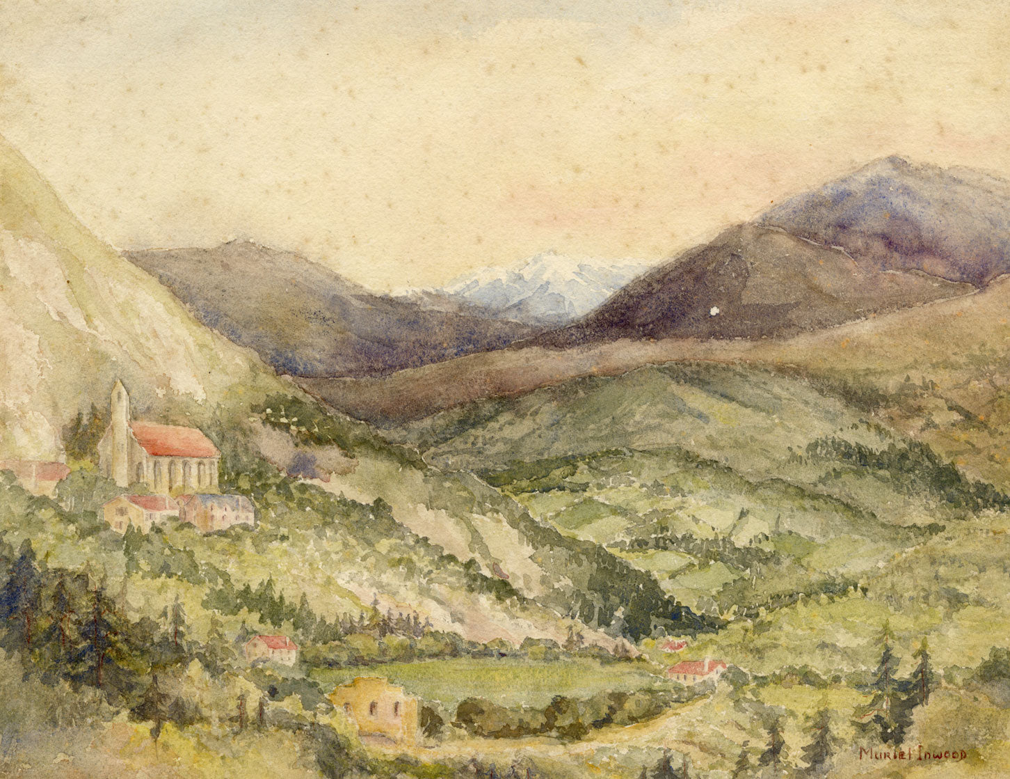 Muriel Inwood, Pyrenees from Lourdes, France – mid-C20th watercolour painting