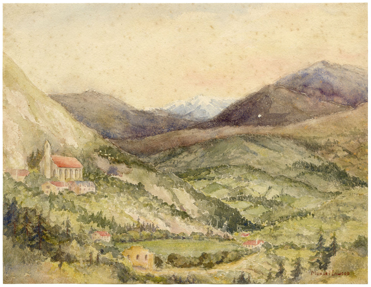 Muriel Inwood, Pirenei da Lourdes, Francia – acquerello della metà del XX secolo