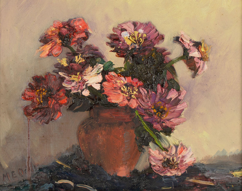 Mary E. Oddie, Natura morta con fiori di dalia – Dipinto a olio originale del 1930