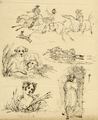 Edward Duppen, Studies: Portrait, Dogs & Horse Riders – 1831 pen & ink drawing