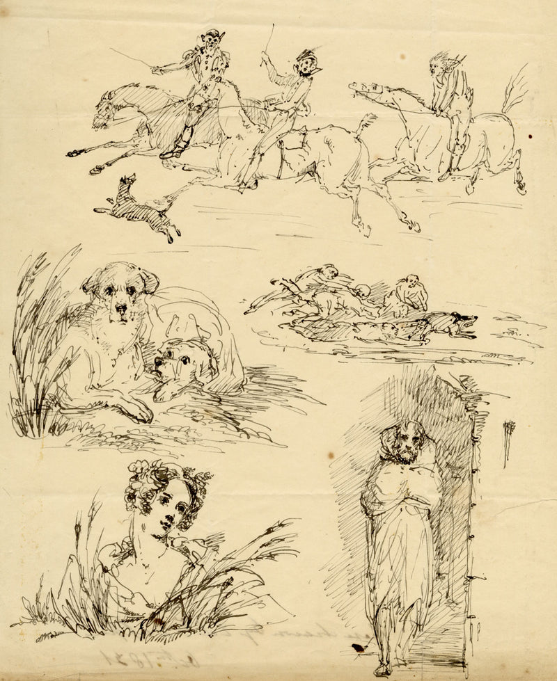 Edward Duppen, Studies: Portrait, Dogs & Horse Riders – 1831 pen & ink drawing