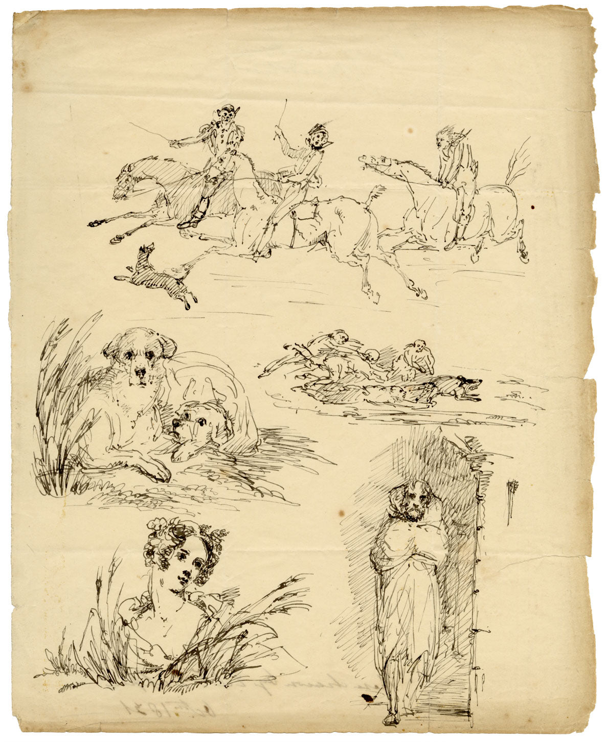 Edward Duppen, Studi: Ritratto, cani e cavalieri – disegno a penna e inchiostro del 1831