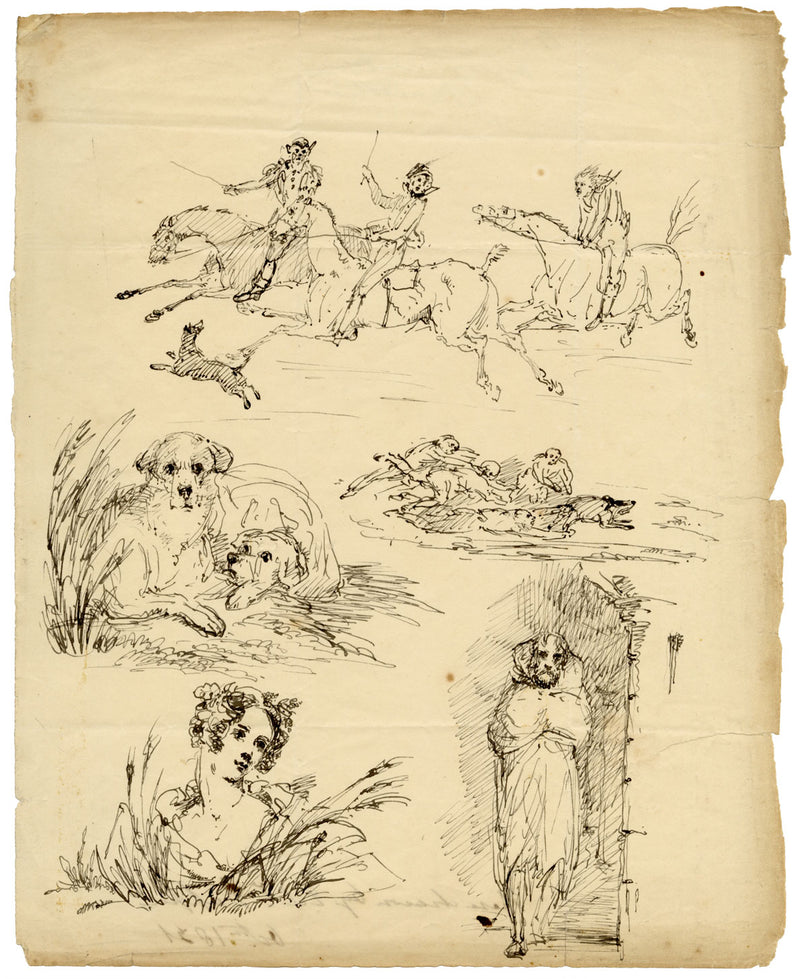 Edward Duppen, Studi: Ritratto, cani e cavalieri – disegno a penna e inchiostro del 1831