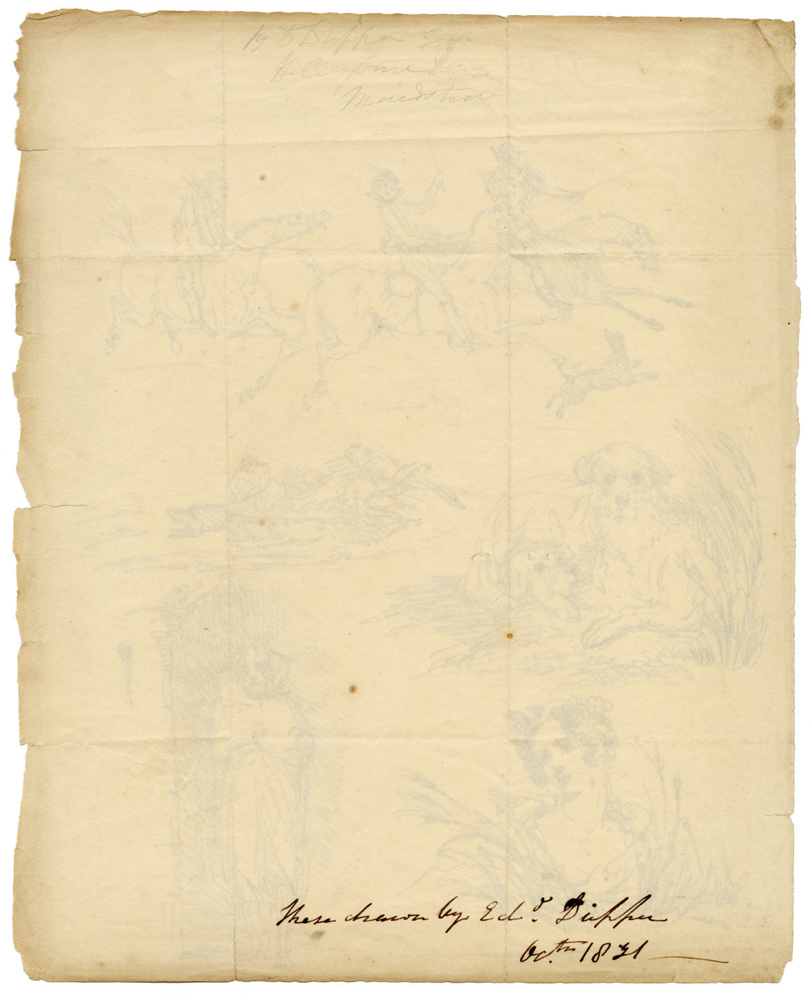 Edward Duppen, Studi: Ritratto, cani e cavalieri – disegno a penna e inchiostro del 1831