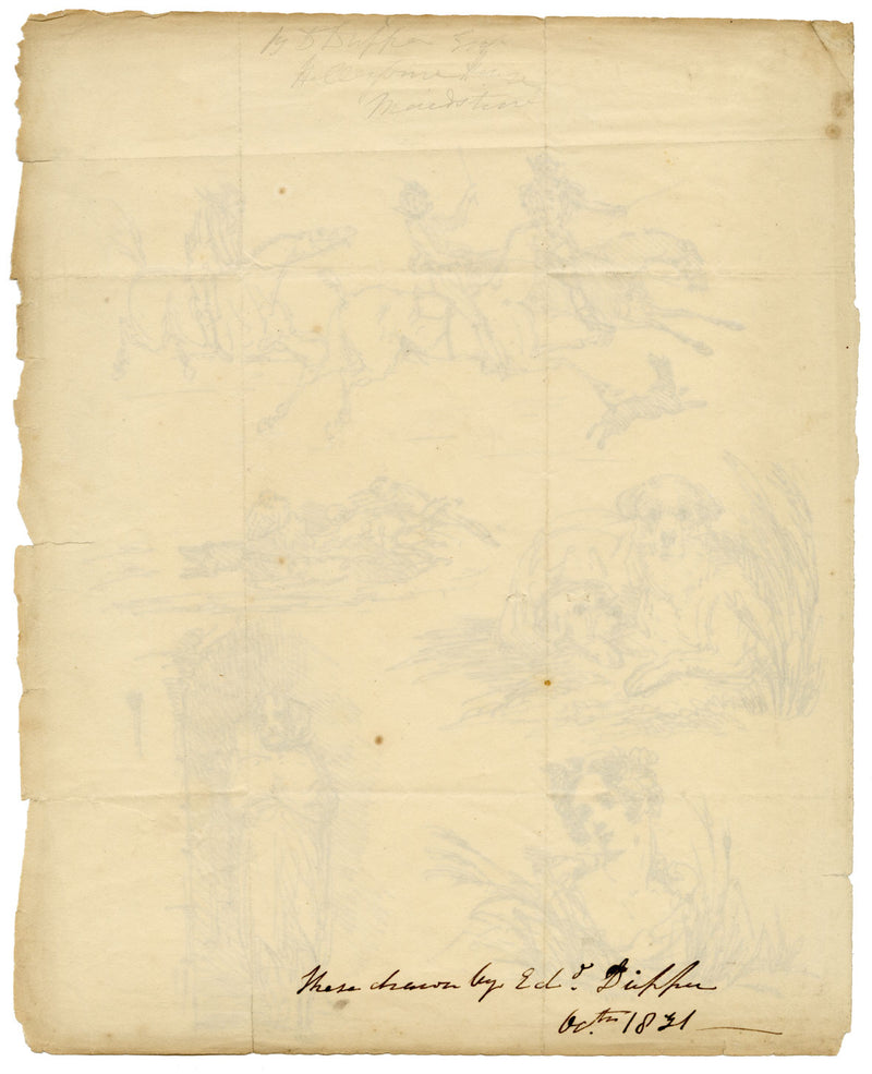 Edward Duppen, Studi: Ritratto, cani e cavalieri – disegno a penna e inchiostro del 1831