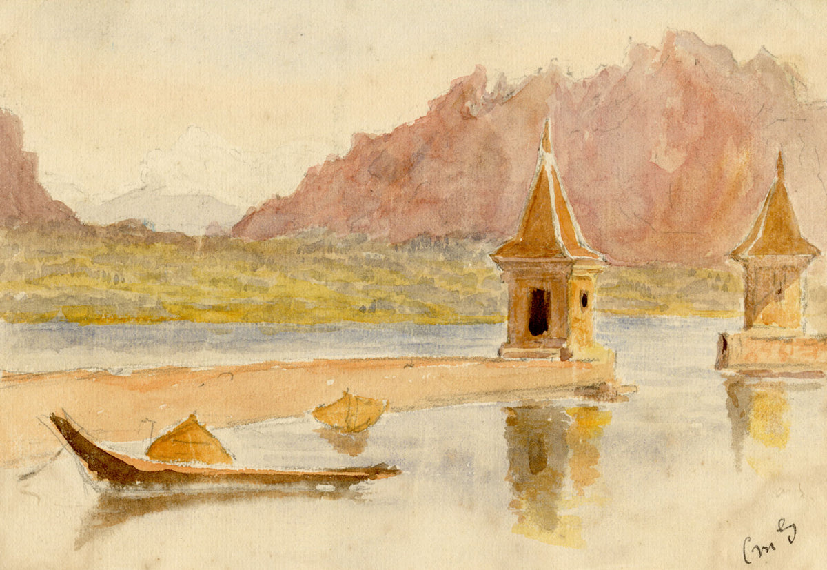 C.M. Stopford, Morges Harbour Lake Geneva Switzerland –1880 watercolour painting