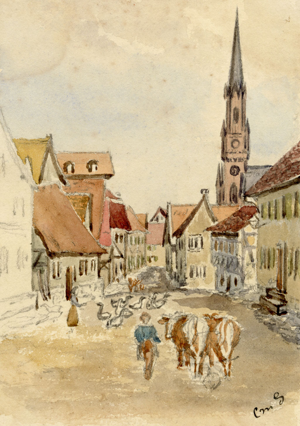 C.M. Stopford, Seulberg Street Scene, Hesse Germany –c.1893 watercolour painting