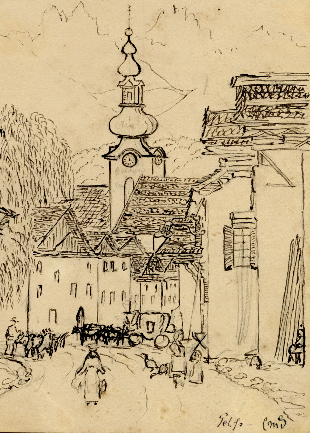 C.M. Stopford, Telfs, Innsbruck, Austria – Original 1880 pen & ink drawing