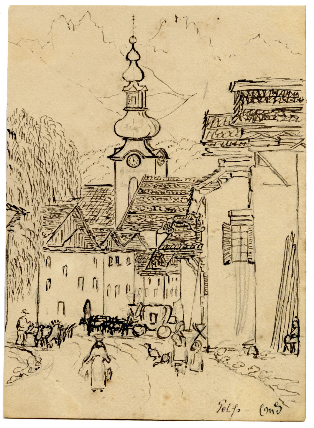 C.M. Stopford, Telfs, Innsbruck, Austria – Original 1880 pen & ink drawing