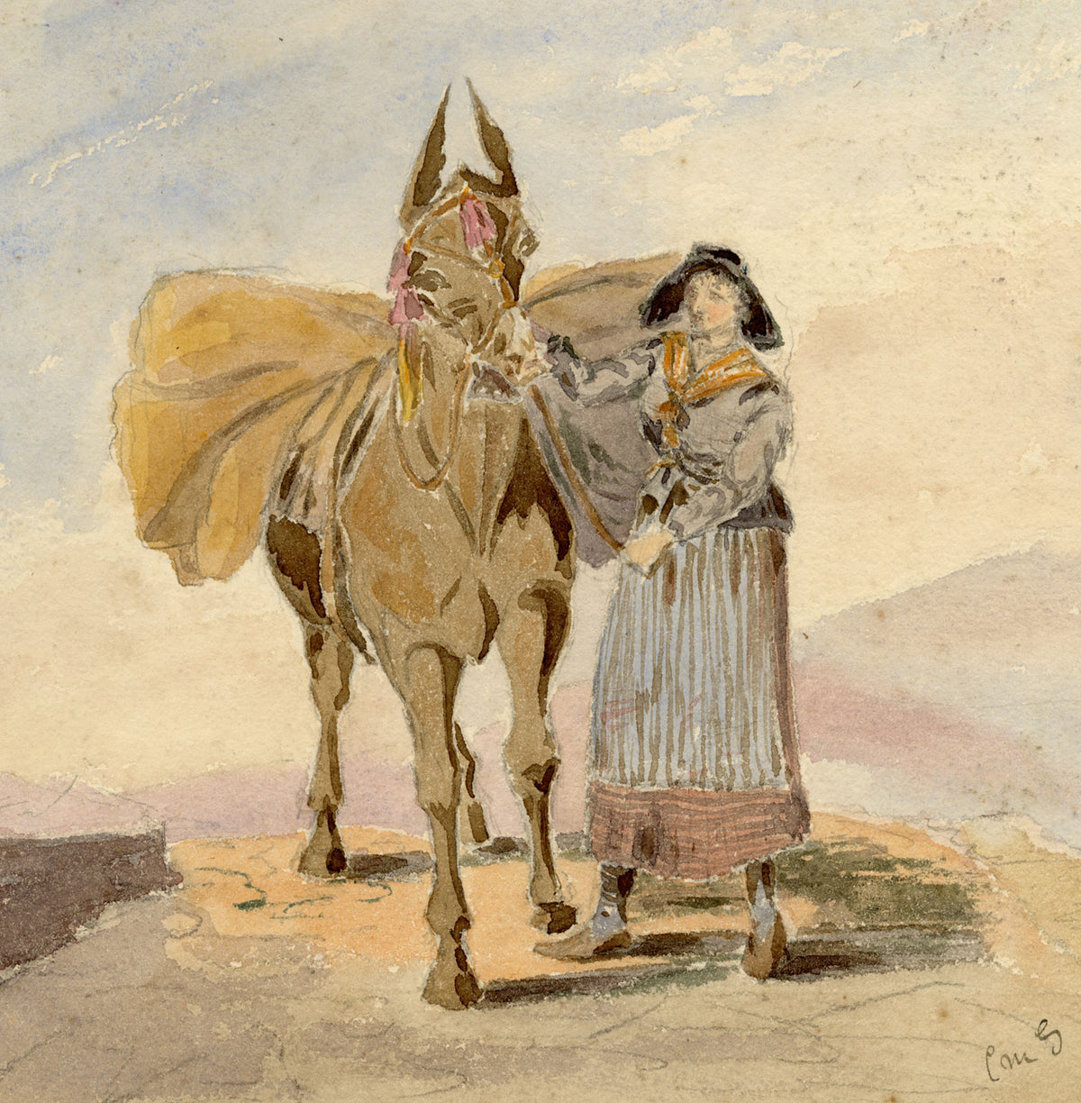 C.M. Stopford, Woman with Packhorse – Original c.1880s watercolour painting