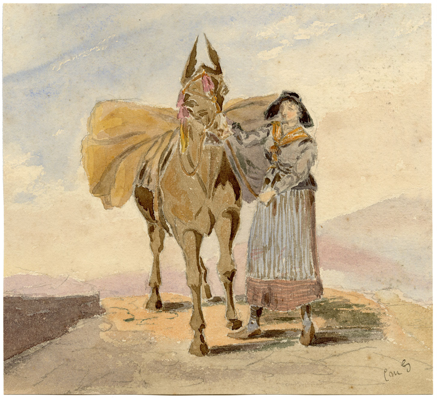 CM Stopford, Donna con cavallo da soma – Dipinto ad acquerello originale del 1880 circa
