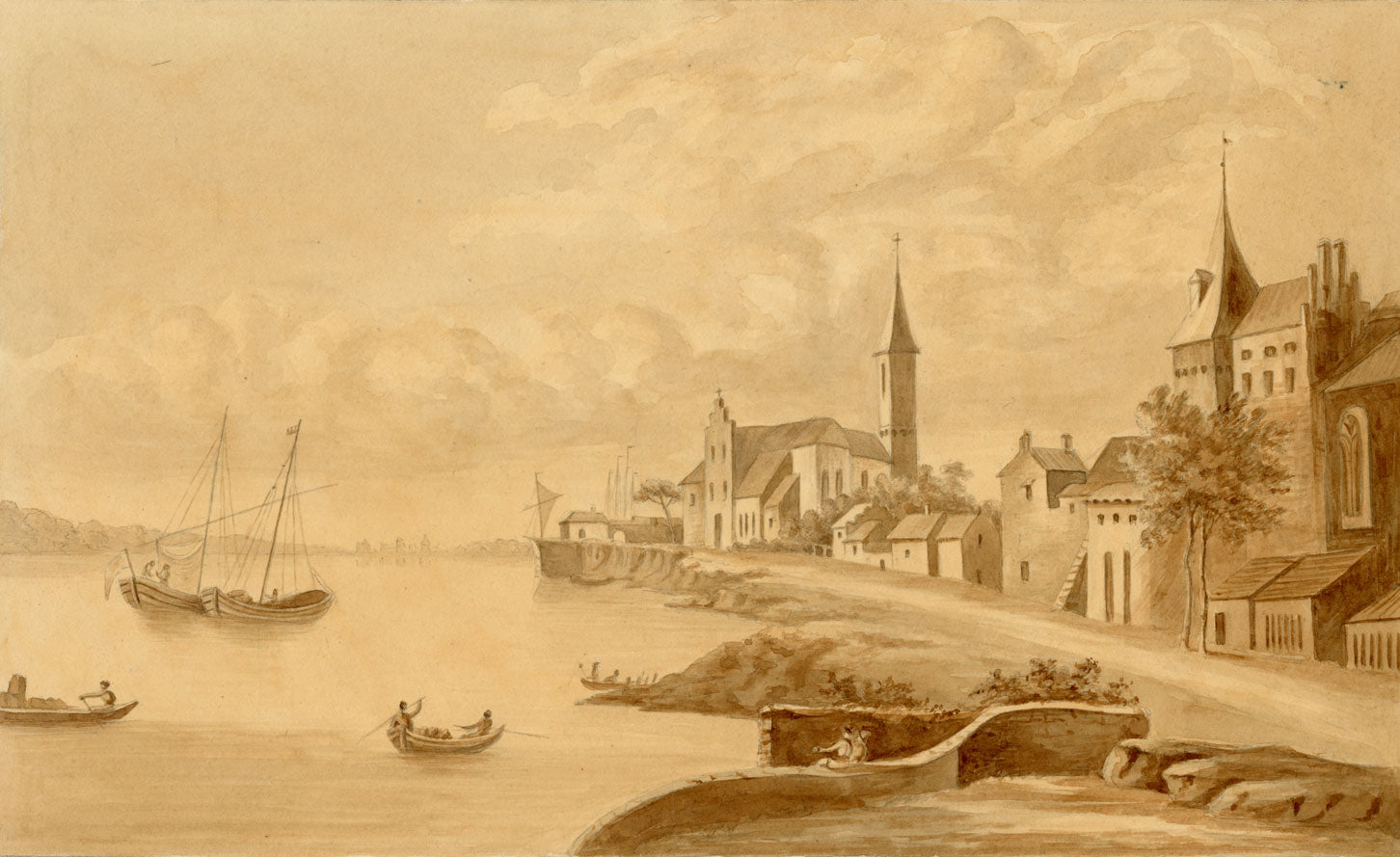 The Rhine at Emmerich with St Martin's Church – mid-C19th watercolour painting
