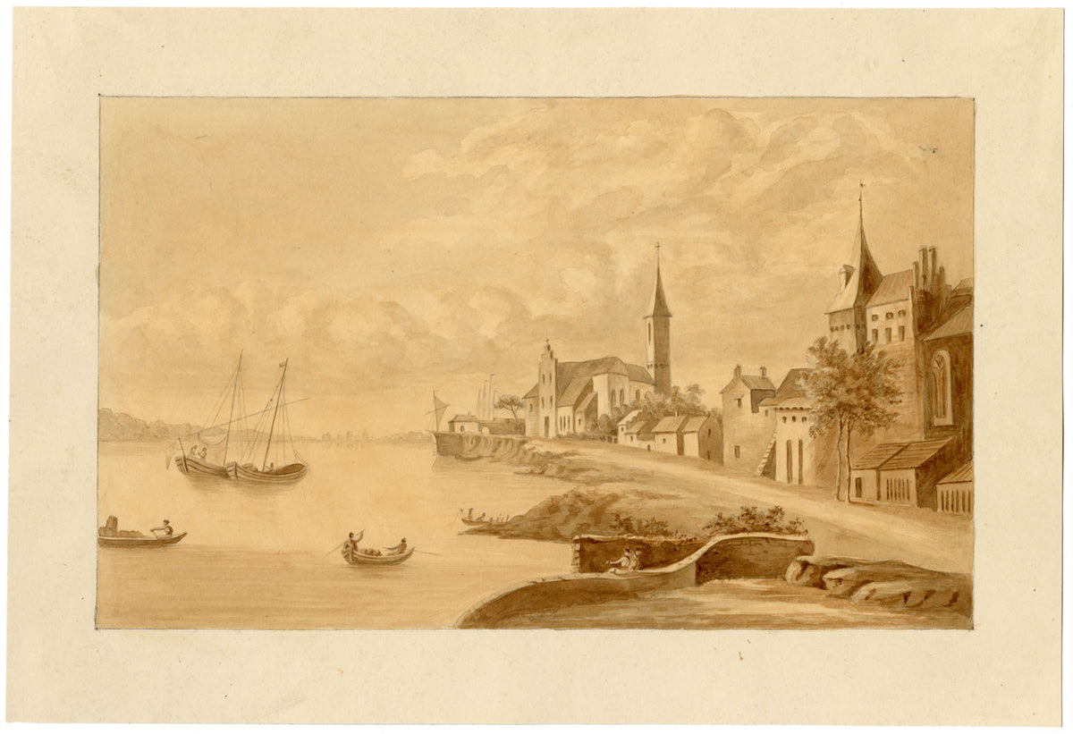 The Rhine at Emmerich with St Martin's Church – mid-C19th watercolour painting