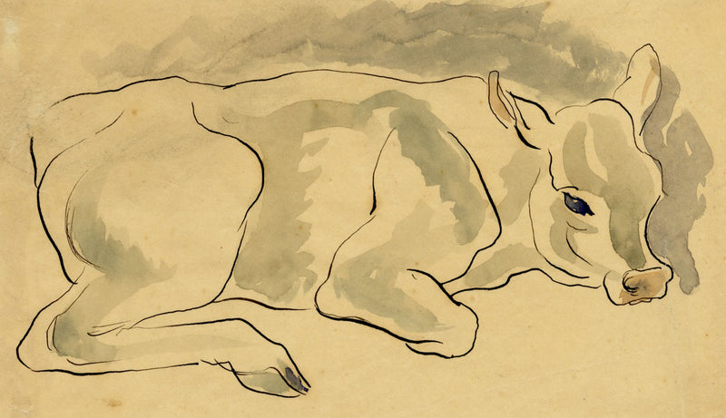 Resting Cow – Original early 20th-century watercolour painting