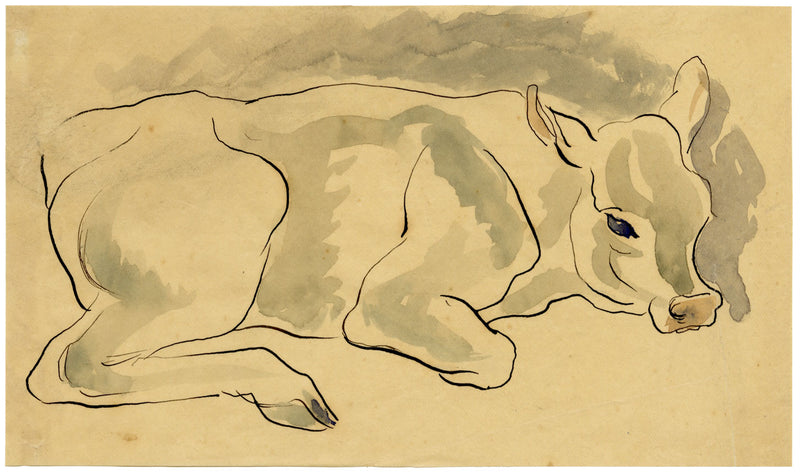 Resting Cow – Original early 20th-century watercolour painting