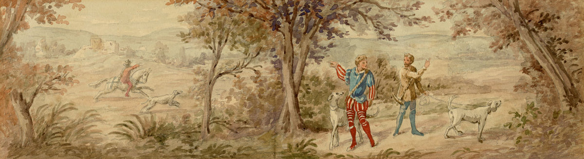 French Stag Hunting Scene Decorative Frieze – 19th-century watercolour painting
