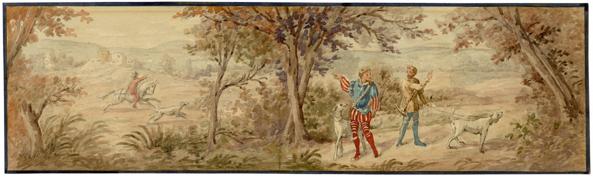 Friso decorativo con escena de caza del ciervo francés – Acuarela del siglo XIX