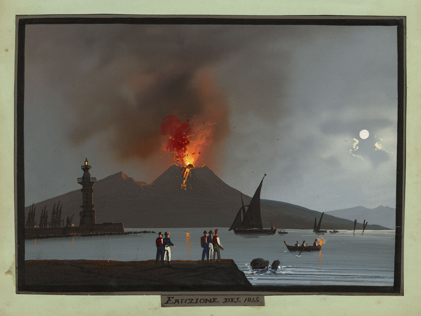 Neapolitan School, Vesuvius Erupting at Night 1845 – mid-C19th gouache painting