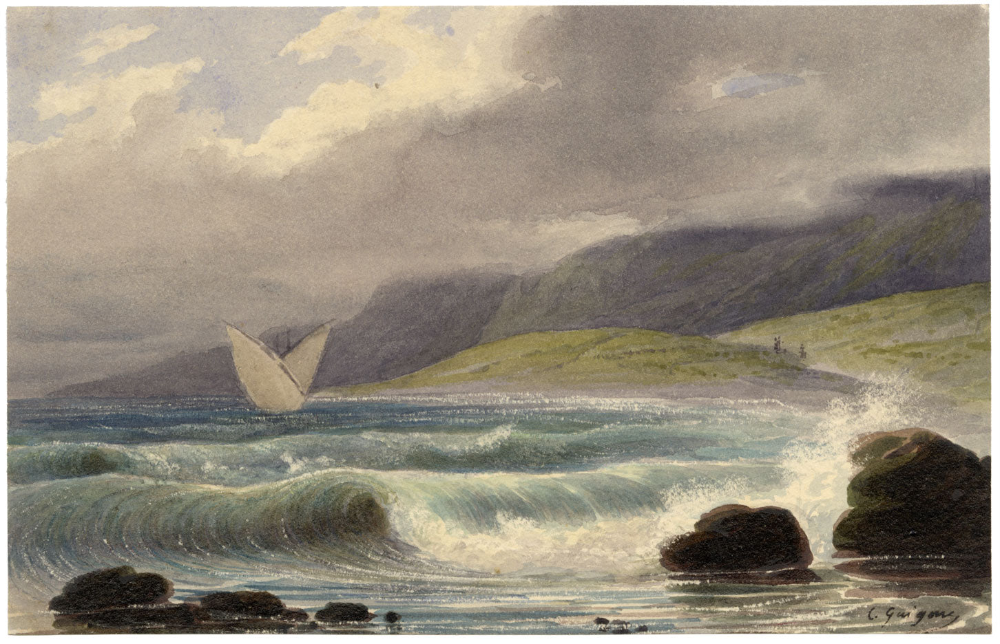 Charles Louis Guigon, Barca suiza navegando en alta mar – Acuarela del siglo XIX