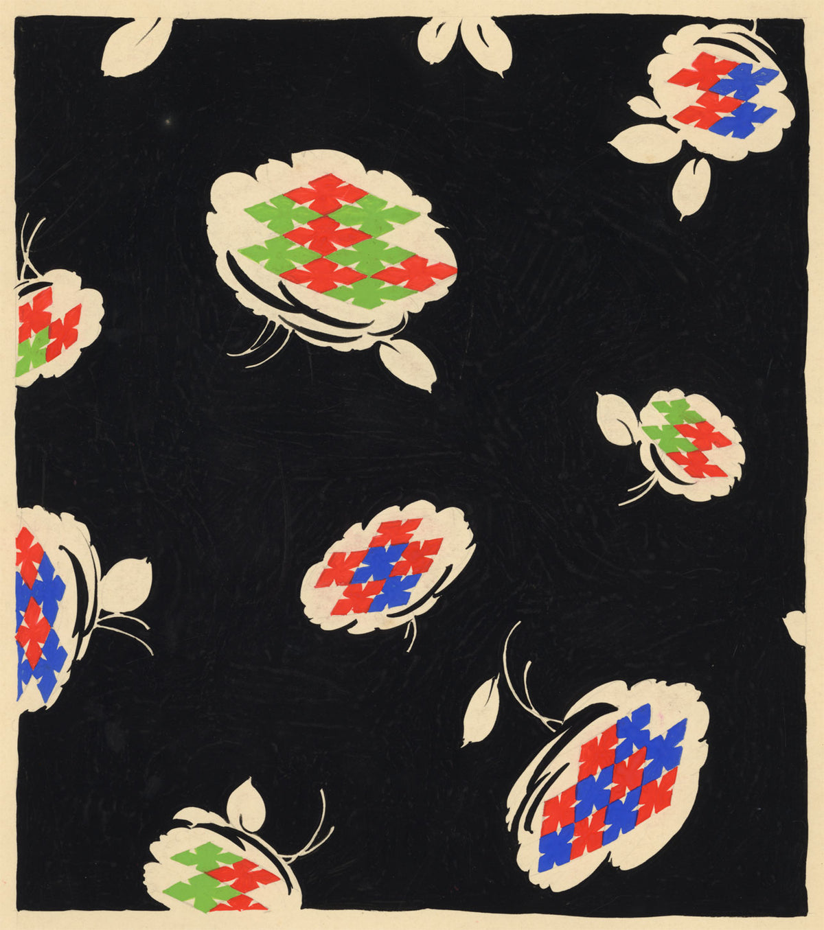 Textile Design, Atelier Testemale Paris: Black Neon Flower Pod –c.1960s painting
