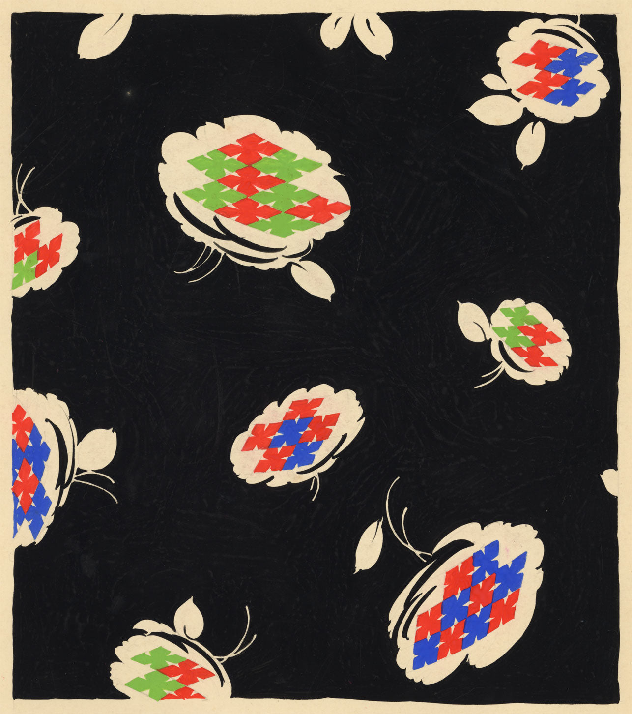 Textile Design, Atelier Testemale Paris: Black Neon Flower Pod –c.1960s painting