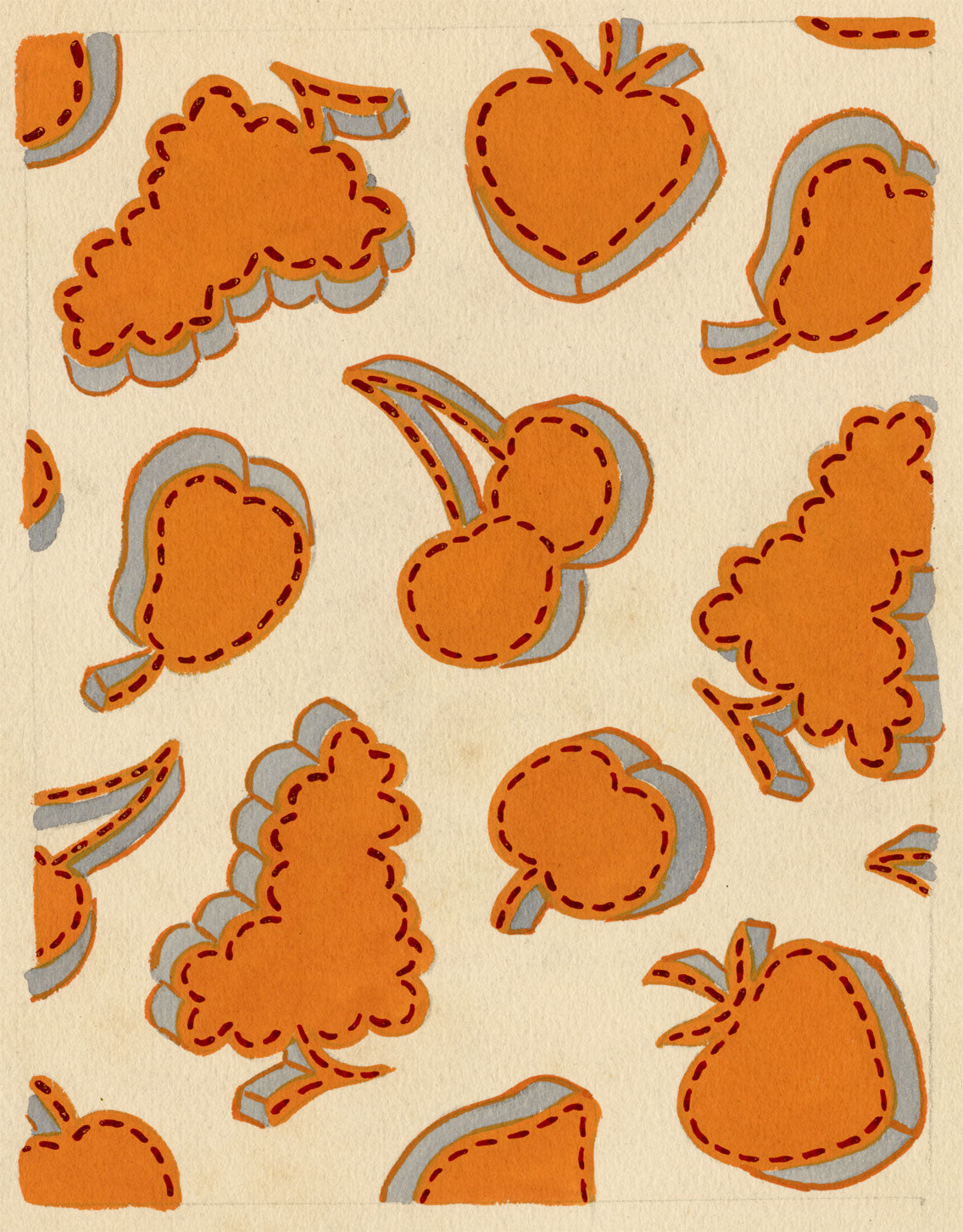 Textile Design, Atelier Testemale Paris: Orange Stitched Fruit –c.1960s painting