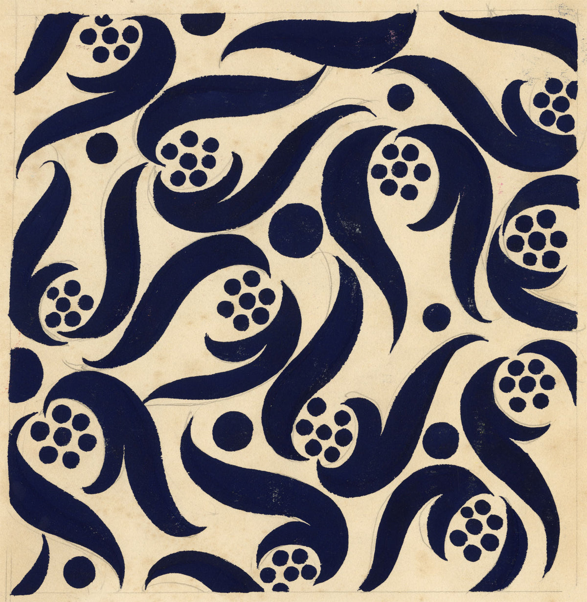 Textile Design, Atelier Testemale Paris: Navy Blue Berry Scroll –c1960s painting