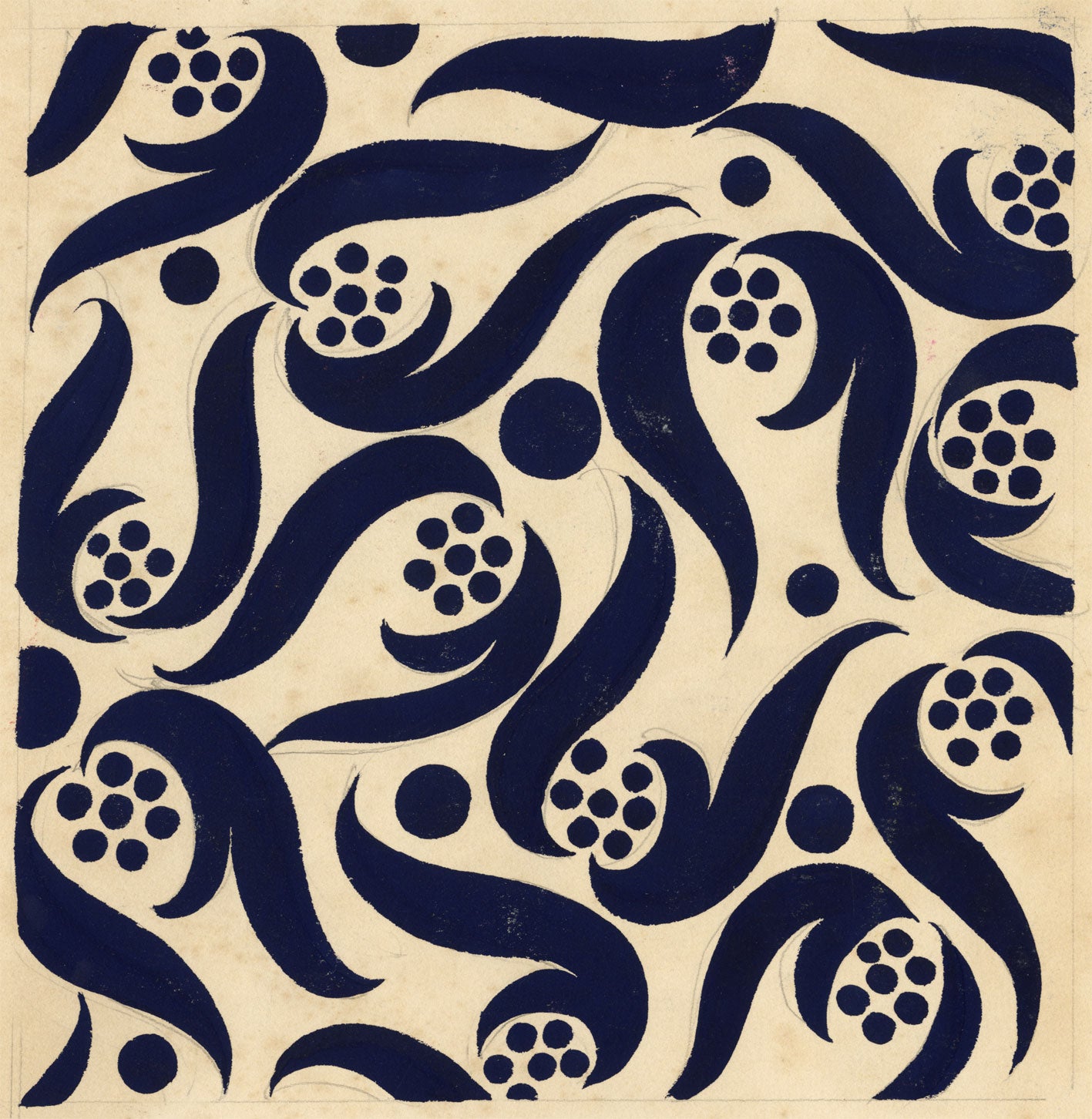 Textile Design, Atelier Testemale Paris: Navy Blue Berry Scroll –c1960s painting