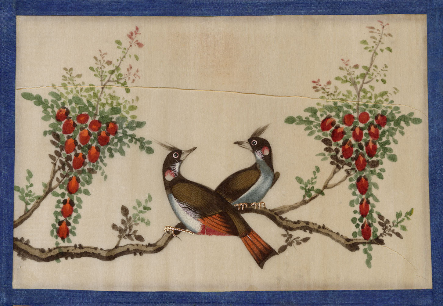 Antique 19th-century Chinese Pith Painting – Bulbul Bird Pair on Flower Branch