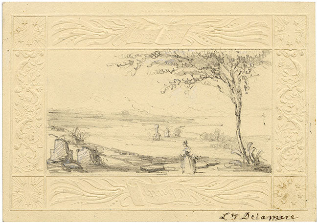 L.J. Delamere, Miniature Landscape with Figure – 19th-century graphite drawing