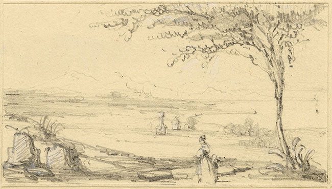 L.J. Delamere, Miniature Landscape with Figure – 19th-century graphite drawing