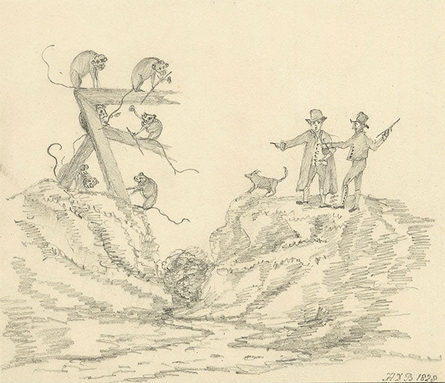 H.D.B., Monkey Hunters – Original 1828 graphite drawing
