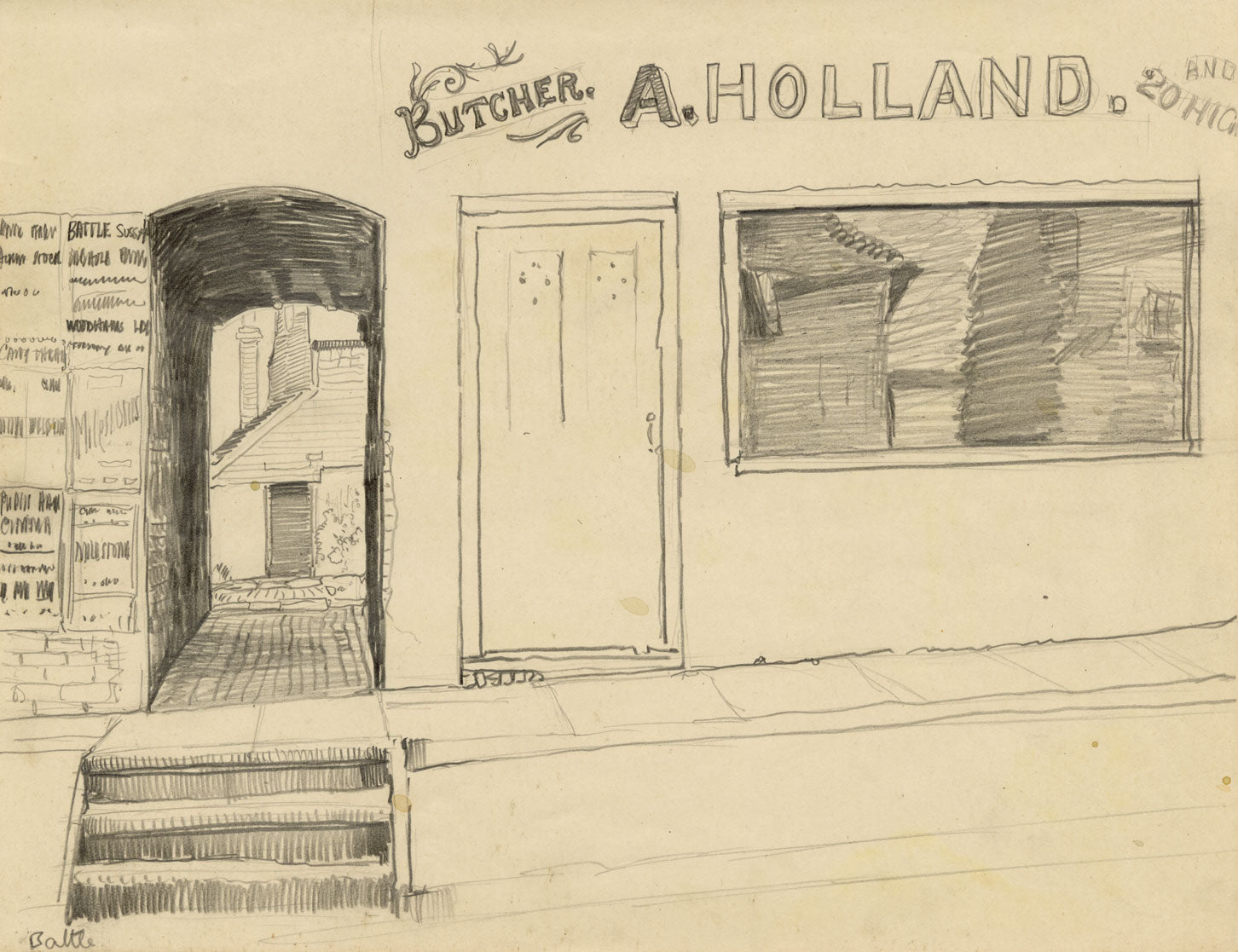 Eleanor Hughes RI, Alfred Holland Butcher's, Battle, Sussex – 1920 drawing