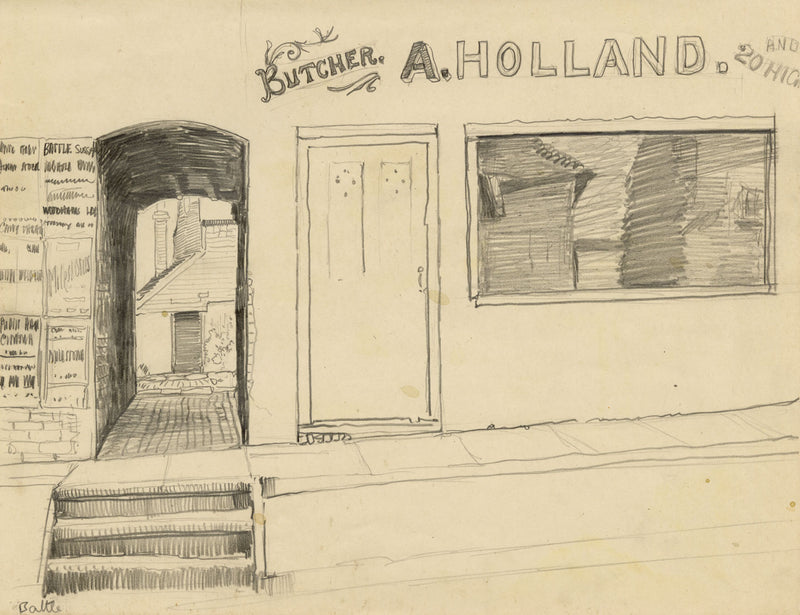 Eleanor Hughes RI, Alfred Holland Butcher's, Battle, Sussex – 1920 drawing