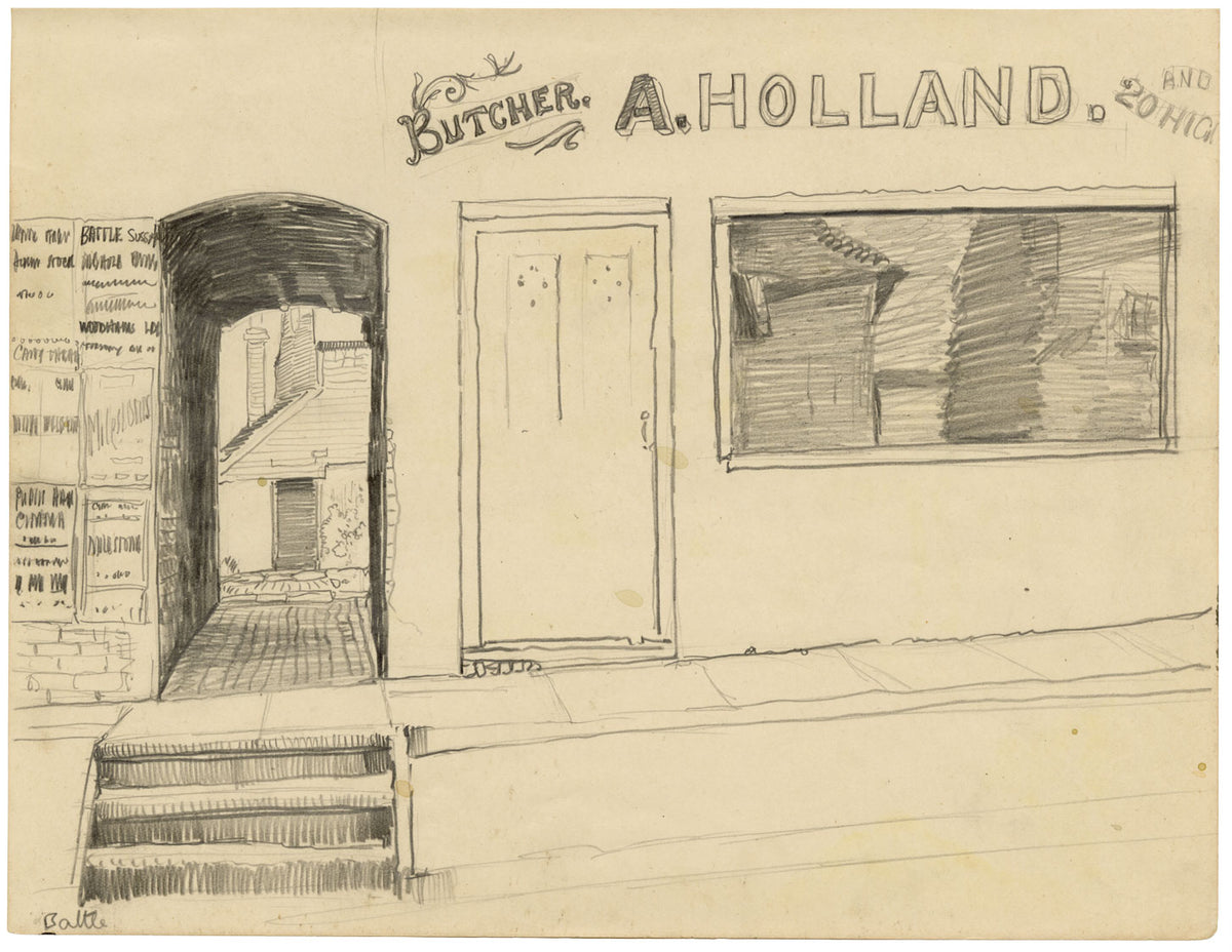 Eleanor Hughes RI, Alfred Holland Butcher's, Battle, Sussex – disegno del 1920