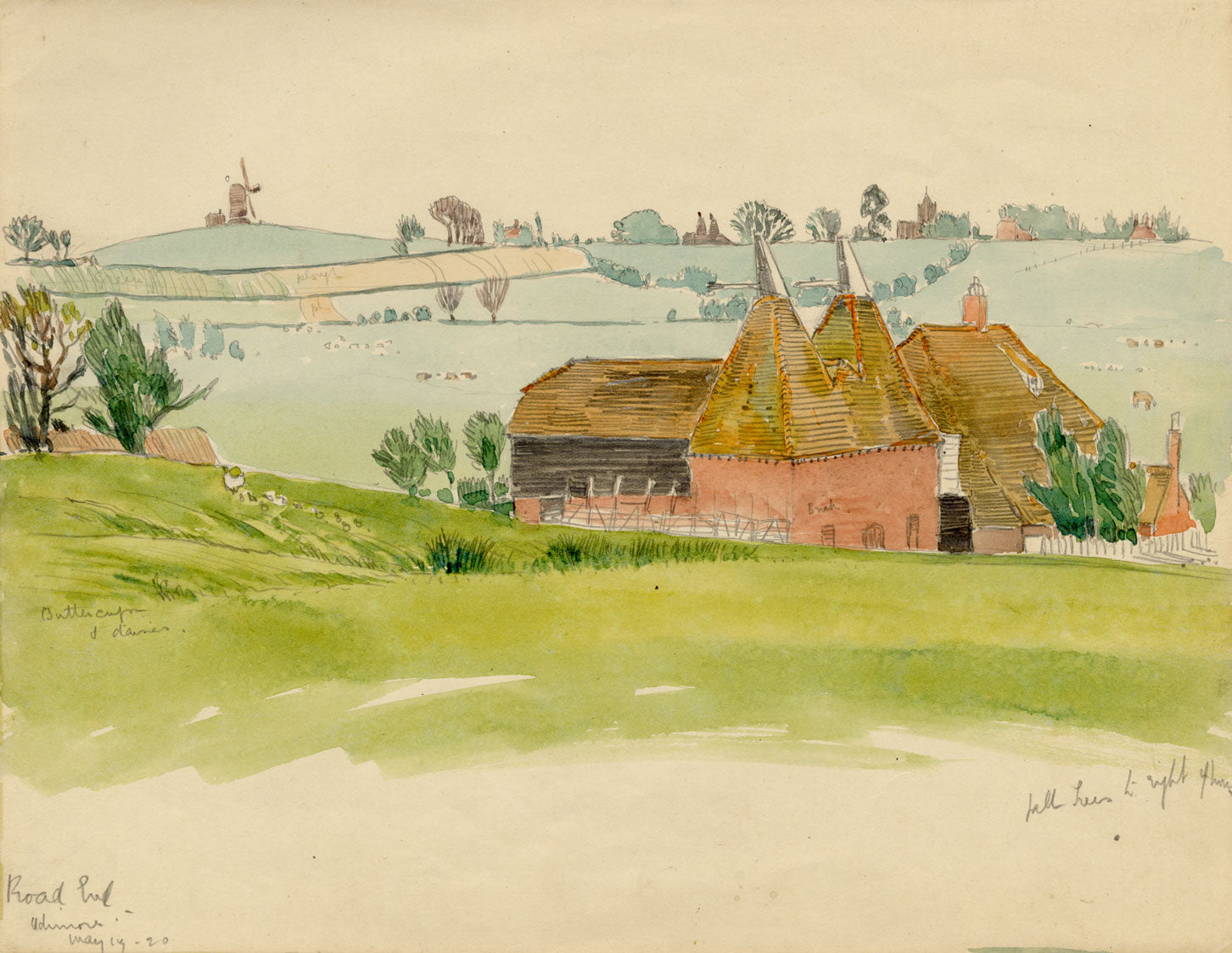 Eleanor Hughes RI, Udimore Oast House at Roadend Farm, Sussex – 1920 watercolour