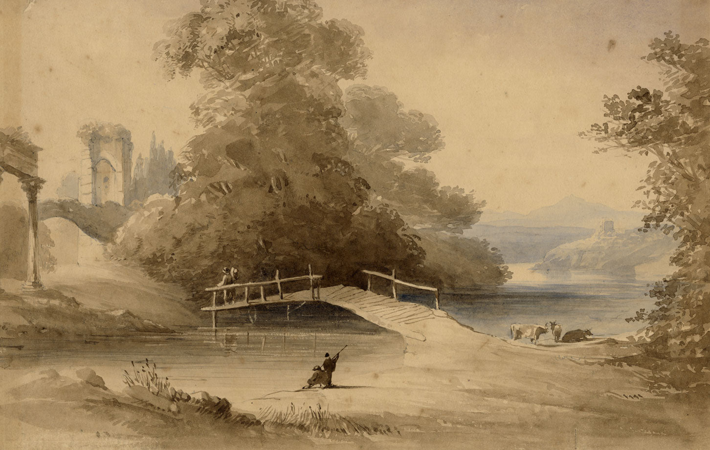 Landscape with Footbridge after Claude Lorrain –early C19th watercolour painting