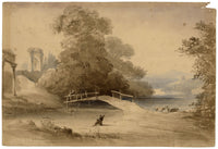 Paesaggio con passerella secondo Claude Lorrain – acquerello dei primi anni del XIX secolo