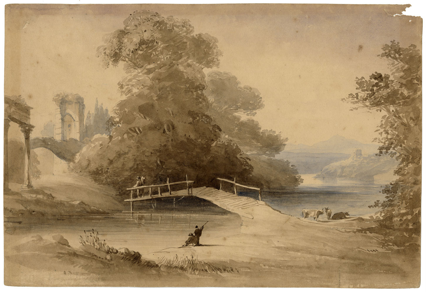 Paesaggio con passerella secondo Claude Lorrain – acquerello dei primi anni del XIX secolo