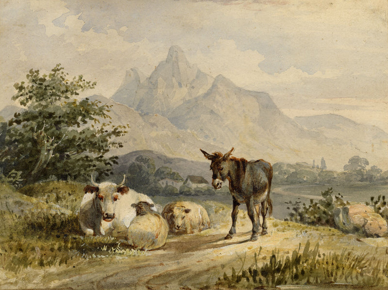 Circle of Thomas Sidney Cooper RA, Animals in a Landscape – C19th watercolour