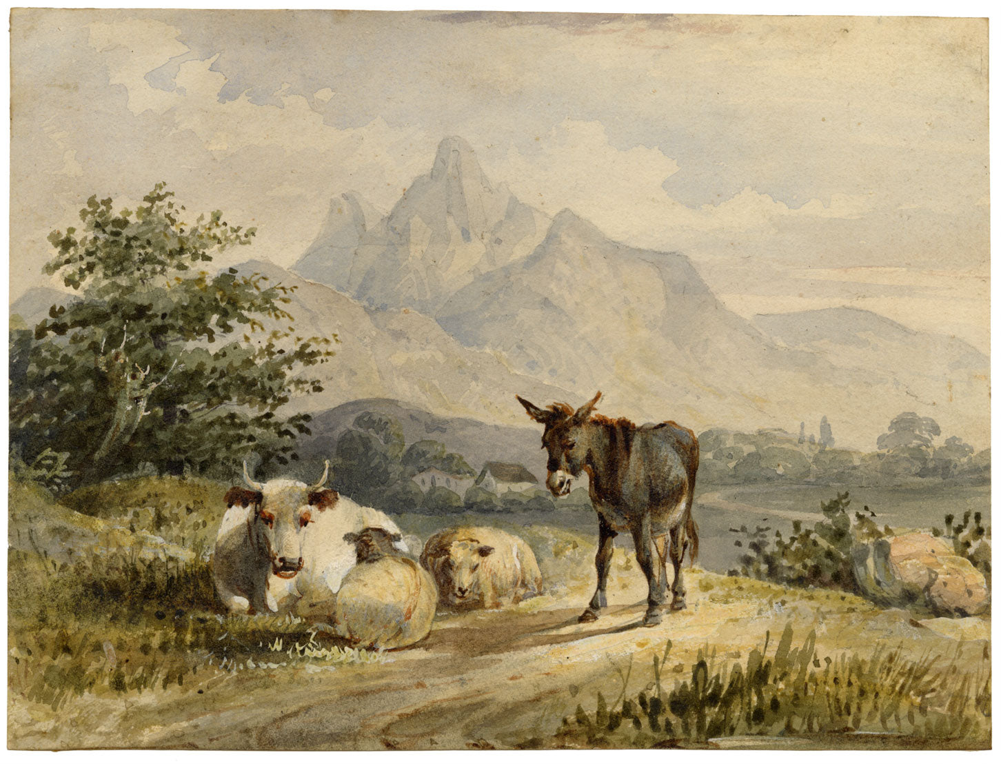 Circle of Thomas Sidney Cooper RA, Animals in a Landscape – C19th watercolour