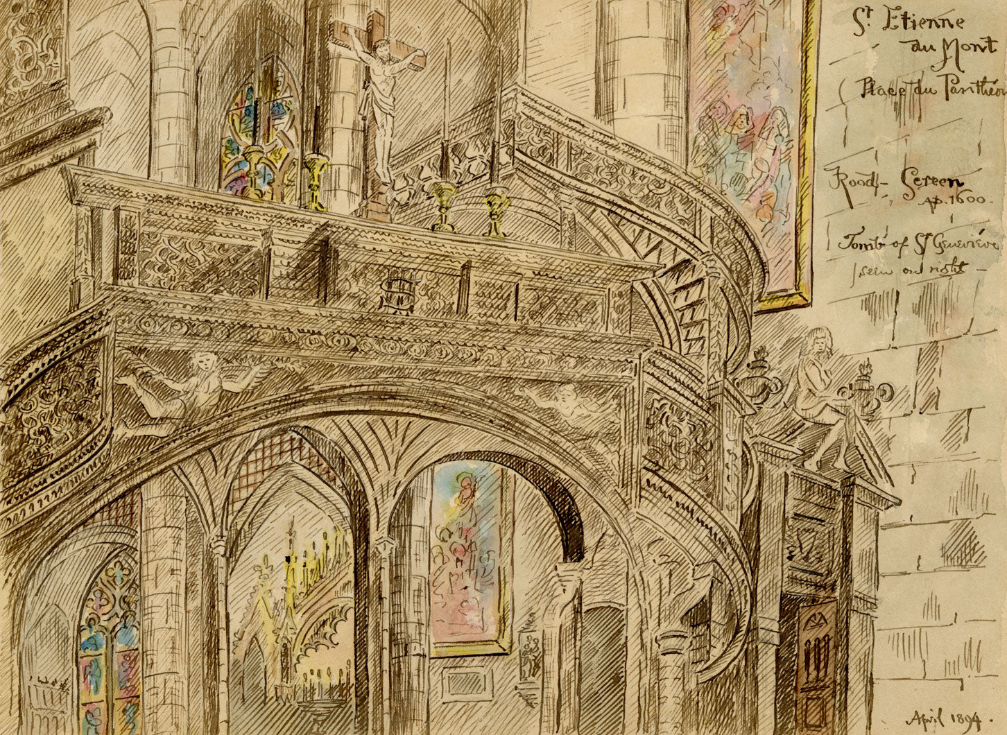 W. Pendavis, Saint-Etienne du Mont Rood Screen, Paris –1894 watercolour painting